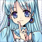  :3 akayukihime blue blue_background blue_eyes blue_hair character_request detached_collar earrings jewelry long_hair lowres mabinogi smile solo 