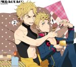  2boys blonde_hair blue_eyes cake candle dio_brando father_and_son food giorno_giovanna jojo_no_kimyou_na_bouken ladybug laphy multiple_boys musical_note pudding spoken_musical_note 