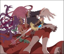  bike_shorts dark_skin dress flower green_eyes himemiya_anthy jewelry komasawa_(fmn-ppp) long_hair multiple_girls pink_hair pink_rose purple_hair rapier red_dress ring rose shoujo_kakumei_utena sword tenjou_utena weapon white_background wrist_cuffs 