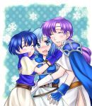  74 armor blue_eyes blue_hair blush cape circlet closed_eyes embarrassed eyes_closed fingerless_gloves fire_emblem fire_emblem:_fuuin_no_tsurugi fire_emblem_fuuin_no_tsurugi gloves hug long_hair multiple_girls open_mouth purple_hair short_hair siblings side_slit sisters smile sweatdrop tate thany yuno_(fire_emblem) 