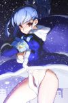  bangs blue_hair buttons coat hair_up long_hair lowres luthica_preventer night outdoors panties ponytail red_eyes ribbon sky snow solo swept_bangs sword_girls underwear white_panties 