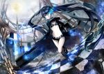  black_hair black_rock_shooter black_rock_shooter_(character) blue_eyes boots chain chains coat glowing glowing_eyes highres huge_weapon long_hair midriff navel retsuna scar shorts solo sword twintails very_long_hair weapon 