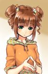  aouma blush brown_hair bust drill_hair face fidgeting green_eyes highres hoodie idolmaster light_smile short_hair sleeves_pushed_up solo steepled_fingers takatsuki_yayoi twin_drills twintails 