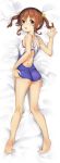 1girl ass backless_swimsuit bangs bare_arms bare_legs bare_shoulders barefoot bed_sheet blue_eyes blue_swimsuit blush breasts brown_hair commentary_request dakimakura eyebrows_visible_through_hair full_body hair_between_eyes hair_ribbon high_school_fleet lying minutachi misaki_akeno on_stomach one-piece_swimsuit open_mouth ribbon small_breasts soles solo swimsuit twintails upper_teeth yellow_ribbon 