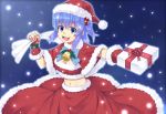  alternate_costume bell blue_eyes blue_hair bow box breasts cleavage fingerless_gloves gift gift_box gloves hair_bobbles hair_ornament hat holding holding_gift kawashiro_nitori key long_hair midriff navel open_mouth outstretched_arms saemon_(tonpura) santa_costume santa_hat short_hair smile snow snowing solo touhou twintails 