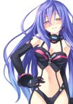  1girl bare_shoulders blush breasts choujigen_game_neptune cleavage collar earrings elbow_gloves gloves gradient_hair hair_between_eyes hand_on_hip highres iris_heart jewelry kami_jigen_game_neptune_v kinta_(distortion) large_breasts long_hair looking_at_viewer midriff multicolored_hair naughty_face navel open_mouth purple_hair pururut red_eyes solo symbol-shaped_pupils very_long_hair 