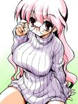  adjusting_glasses akou_roushi alternate_costume breasts glasses large_breasts looking_up lucky_star no_pants pink_hair red_eyes ribbed_sweater sitting smile solo sweater takara_miyuki 
