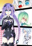  4girls aqua_eyes arasdel artist_request black_heart black_legwear black_thighhighs blue_eyes blue_hair blush bodysuit braid choujigen_game_neptune compile_heart crossed_arms female gloves green_hair green_heart gust hair_ornament idea_factory long_hair looking_at_viewer multiple_girls nippon_ichi pink_eyes purple_eyes purple_hair purple_heart red_eyes sega short_hair silver_hair sweatdrop symbol-shaped_pupils tape thighhighs twin_braids very_long_hair white_hair white_heart 