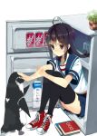  ahoge bird black_hair black_legwear book dr_pepper in_container in_refrigerator koba long_hair milk original penguin plant pleated_skirt purple_eyes refrigerator school_uniform serafuku shoes sitting skirt sneakers soda soda_can solo thigh-highs thighhighs translated violet_eyes zettai_ryouiki 