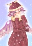  alternate_eye_color animal_ears blue_eyes blush breath coat covering covering_face covering_mouth embrace_(bacchi) fur hat mystia_lorelei pink_hair scarf short_hair snow snowing solo touhou wings winter winter_clothes 