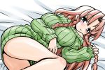 akou_roushi alternate_costume blush bottomless braid green_eyes hong_meiling naked_sweater no_pants red_hair redhead ribbed_sweater solo sweater touhou twin_braids 