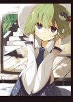  1girl ascot bad_id bare_shoulders blue_eyes detached_sleeves frog green_hair hair_ornament hat kochiya_sanae letterboxed looking_at_viewer looking_up porch short_hair sitting snake solo stairs sukima_(crie) sunlight touhou v_arms veranda 