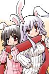  :3 akou_roushi alternate_costume animal_ears black_hair blush bunny_ears carrot hand_on_hip inaba_tewi lavender_hair multiple_girls purple_hair raised_eyebrow red_eyes reisen_udongein_inaba ribbed_sweater scarf shared_scarf smile sweater touhou uneven_eyes 