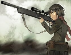  aiming bad_id belt black_hair gun jacket original rifle rough scarf scope seafh short_hair sniper_rifle solo weapon yellow_eyes 