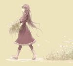  basket butterfly carrying flower grass hair_flower hair_ornament long_hair monochrome original pantyhose profile scarf sepia sepia_background simple_background sleeves_rolled_up smile solo spot_color winter_clothes yohchi 