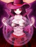  akayukihime black_hair breasts cape character_request dodecagram dress hat karis_wizard_suit large_breasts long_hair mabinogi magic_circle no_nose pale_skin purple purple_background red_eyes smile solo under_boob underboob witch_hat 