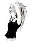 alternate_costume armpits arms_up casual comic die_(artist) long long_hair mahou_shoujo_madoka_magica monochrome mouth_hold profile ribbon_in_mouth sakura_kyouko silent_comic simple_background solo tying_hair 