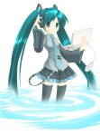  aqua_hair detached_sleeves green_eyes green_hair hand_on_headphones hatsune_miku headphones highres nashigami_tsubute skirt smile solo thigh-highs thighhighs vocaloid wading water 