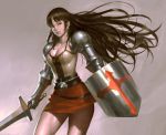  armor armored_dress belt breasts brown_eyes brown_hair cleavage earrings face gauntlets hair_ornament hairclip jewelry kilart lips long_hair original pauldrons realistic shield shiny shiny_skin skirt solo sword weapon 