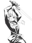 ahoge fate/stay_night fate/zero fate_(series) formal gloves keng long_hair monochrome necktie ponytail saber solo suit sword weapon 
