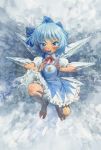  bare_legs blue_dress blue_eyes blue_hair blush bow cirno dress frog frozen hair_bow ice_block misawa_hiroshi shirt short_hair smirk solo touhou wings 