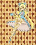  blonde_hair bonnet bow candeloro crossed_legs cup dress drill_hair hair_bow legs_crossed mahou_shoujo_madoka_magica personification sitting smile spoilers striped striped_legwear teacup thigh-highs thighhighs tomoe_mami twin_drills witch_(madoka_magica) yellow_eyes 