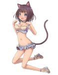  1girl animal_ears bikini black_hair blue_eyes bow breasts cat_ears cat_tail choker cleavage fang frills full_body high_heels miyamae_porin mound_of_venus navel open_mouth original paw_pose shoes short_hair side-tie_bikini simple_background solo swimsuit tail white_background 