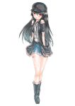  arudehido bad_id bare_legs belt black_hair blood blood_on_face boots fur_trim hands_in_pockets hat highres jacket long_hair long_legs open_mouth original personification red_eyes shirt shorts smile solo walking 