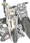  ahoge between_breasts blonde_hair breasts excalibur fate/stay_night fate/zero fate_(series) formal gloves highres long_hair midriff motor_vehicle motorcycle mouth_hold necktie open_clothes open_shirt pant_suit ponytail por saber shirt shirt_lift solo suit sword torn_clothes torn_pants vehicle weapon 