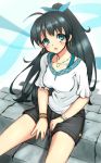  aouma black_hair blue_eyes blush breasts colored dated earrings ganaha_hibiki highres idolmaster jewelry long_hair necklace open_mouth ponytail ribbon shorts solo very_long_hair 