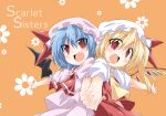  ascot bat_wings bibi blonde_hair blue_hair blush bow brooch fang flandre_scarlet hand_holding hat hat_bow holding_hands jewelry multiple_girls open_mouth outstretched_arm outstretched_hand red_eyes remilia_scarlet short_hair siblings side_ponytail sisters touhou wings 
