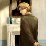  arms_behind_back blonde_hair blue_eyes coat fireplace formal from_behind johan_liebert looking_back male monster_(manga) painting plate smile solo suit 