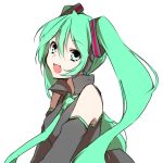  aqua_eyes aqua_hair hatsune_miku headphones long_hair necktie open_mouth simple_background smile solo tori_no_karaage twintails vocaloid 