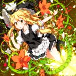  :o apron blonde_hair boots bow crescent flower hair_bow hair_ribbon hat hat_bow kirisame_marisa long_hair looking_at_viewer miniskirt musical_note open_mouth ribbon sazanami_mio skirt skirt_set solo star touhou very_long_hair vines witch witch_hat yellow_eyes 