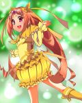  1girl boots bow circlet cure_muse cure_muse_(yellow) dress frills ginopi green_background hair_ribbon heart long_hair magical_girl orange_hair precure red_eyes ribbon shirabe_ako smile solo suite_precure yellow_dress 