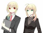  1girl afuro_terumi androgynous blonde_hair crossover fate/stay_night fate/zero fate_(series) formal green_eyes hair_over_shoulder inazuma_eleven inazuma_eleven_(series) inazuma_eleven_go long_hair look-alike necktie ponytail red_eyes saber smile 
