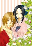  1girl couple flower hands himura_kenshin hug japanese_clothes kamiya_kaoru kimono long_hair ponytail reico rurouni_kenshin smile 