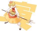  black_hair blonde_hair character_name fighting_stance flats frown hair_ornament hoodie kanji multicolored_hair no_socks polearm pumps short_hair simple_background solo spear taiga_mahoukan text toramaru_shou touhou two-tone_hair weapon yellow_eyes 
