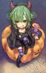  :p ameiro candy green_hair hairband halloween happy_halloween hoodie horns jack-o&#039;-lantern jack-o'-lantern lollipop nekoda_(ameiro) original simple_background sitting solo striped striped_legwear swirl_lollipop thighhighs tongue yellow_eyes 