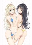  ahoge ass bare_shoulders bikini black_hair blonde_hair blue_bikini blue_eyes breasts collarbone hand_holding heisei_yutorin highres holding_hands long_hair looking_at_viewer multiple_girls navel original panties polka_dot polka_dot_background sideboob smile swimsuit thong thong_bikini underwear yellow_eyes yuri 