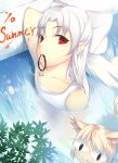  bow fate/stay_night fate_(series) hair_bow highres iro_(sekaixiro) long_hair melty_blood mouth_hold nekoarc red_eyes swimsuit tsukihime white_hair white_len 