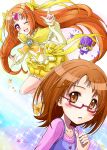  ;d boots bow brown_eyes brown_hair bubble_skirt circlet cure_muse cure_muse_(yellow) dress dual_persona fairy_tone frills glasses hair_ribbon happy heart highres long_hair magical_girl open_mouth orange_hair pink-framed_glasses pink_eyes precure ribbon satogo shirabe_ako short_hair smile suite_precure wink yellow_dress 