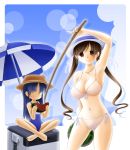  barefoot beach_umbrella bikini blue_hair blush bokken breast_envy breasts brown_eyes brown_hair cleavage cooler copyright_request flat_chest food front-tie_top fruit hat highres indian_style large_breasts long_hair multiple_girls nashigami_tsubute one-piece_swimsuit school_swimsuit side-tie_bikini sitting smile swimsuit sword watermelon weapon white_bikini wooden_sword |_| 