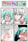  4koma android blush catstudio_(artist) comic detached_sleeves drugs green_eyes green_hair grey_eyes hair_between_eyes hair_ribbon hand_on_another&#039;s_cheek hand_on_another's_cheek hatsune_miku highres ice_cream_sandwich_(miku_plus) multiple_girls o_o open_mouth pill ribbon shirt silver_hair smile thai translated translation_request twintails vocaloid 