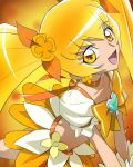  blonde_hair cure_sunshine dress flower haruyama heart heartcatch_precure! long_hair midriff miniskirt myoudouin_itsuki orange_dress precure skirt smile suite_precure twintails v_arms yellow yellow_background yellow_eyes 