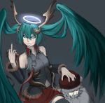  aqua_eyes aqua_hair bag black_sclera chain chains creepy detached_sleeves evil gift hair_wing hair_wings halo hat hatsune_miku highres holding holding_gift horns jewelry long_hair magre middle_finger necklace santa_claus santa_hat skirt smile thigh-highs thighhighs twintails very_long_hair vocaloid wings zettai_ryouiki 