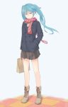  aqua_eyes aqua_hair bag boots checkered checkered_floor coat hand_in_pocket hatsune_miku highres long_hair scarf simple_background solo twintails vocaloid 
