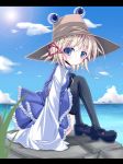  black_legwear blonde_hair blue_eyes blush cloud frills futase_hijiri hat high_heels letterboxed mary_janes moriya_suwako ocean ribbon rock shoes short_hair sitting skirt sleeves_past_wrists smile solo thigh-highs thighhighs touhou 