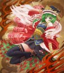 1girl adapted_costume asymmetrical_hair black_legwear blue_eyes bracelet buttons clothes dragon embellished_costume green_hair hand_on_head hat highres jewelry looking_at_viewer obi open_mouth patterned ribbon ring shikieiki_yamaxanadu short_hair skirt solo thigh-highs thighhighs touhou urabe_michiru 
