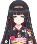  bangs bishoujo_mangekyou black_hair blunt_bangs blush bow bust eyeshadow flat_chest floral_print flower frown green_eyes hair_bow hair_ribbon hairband happoubi_jin hexagon hime_cut japanese_clothes jpeg_artifacts kimono long_hair looking_at_viewer makeup obi official_art payot renge_(bishoujo_mangekyou) ribbon rose simple_background solo transparent_background white_background 